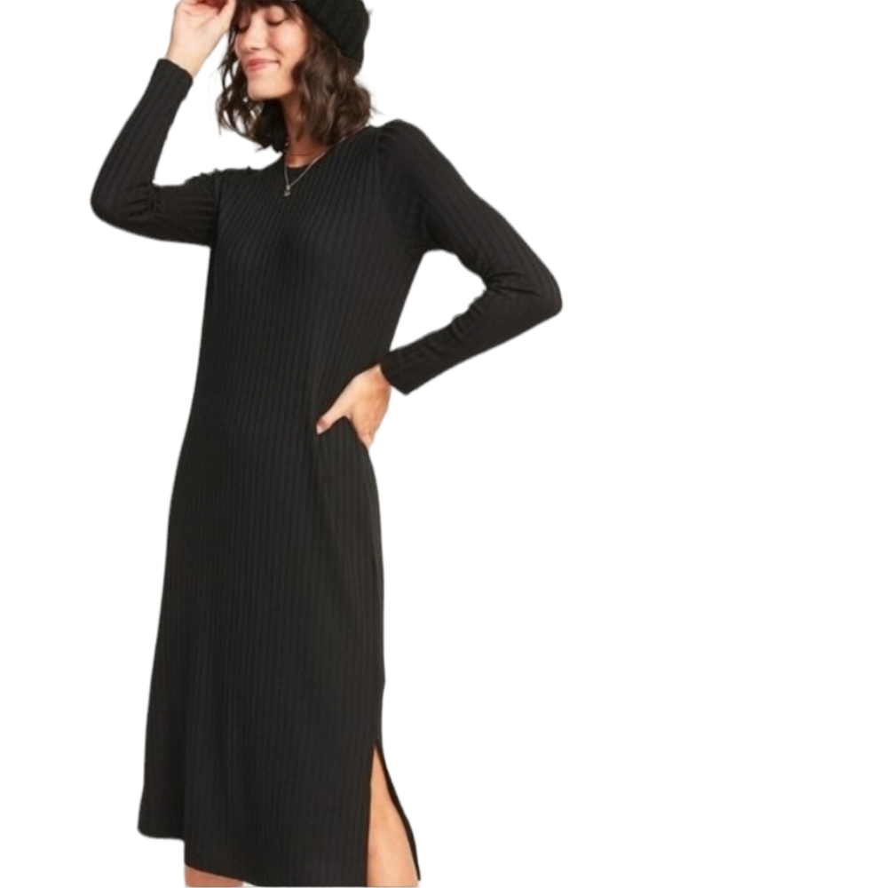 NWT Old Navy Black Long Sleeve Midi Dress Size Large Stretch Ribbed Knit Minimal
